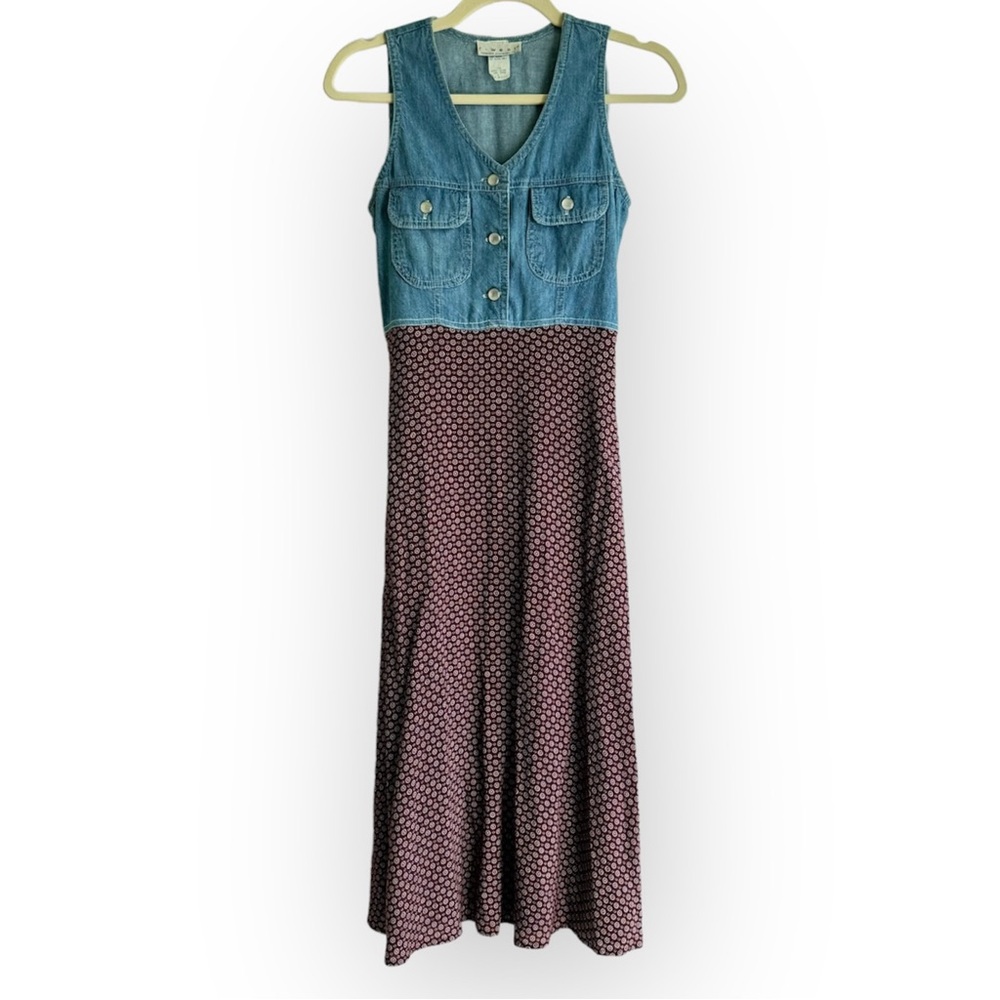 Vintage Denim & Burgundy Patterned Midi Dress